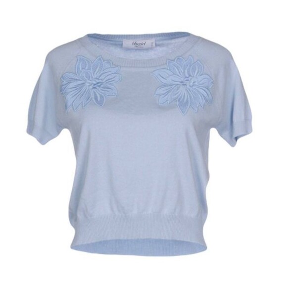 Blugirl Blumarine Women's Sky Blue Flower Appliqué Cotton Sweater Sz 10/46 - Picture 1 of 15